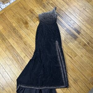 Vintage Joli Prom Black One Shoulder Beaded Prom Dress Gown High Slit